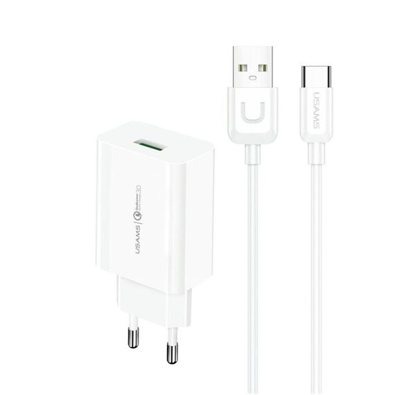 Блок питания сетевой 1 USB Usams, T48, 3000mA, кабель USB - Type-C, цвет: белый, мятая упаковка-1